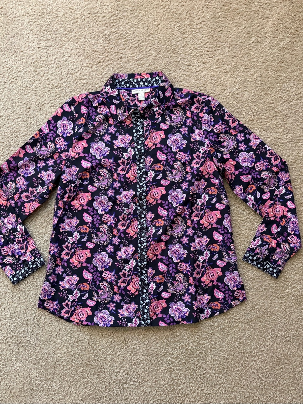 Appleseed's Women's Floral Button-Down Shirt in Pink & Purple on Black tag off